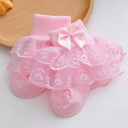 Infant Baby Girls Ruffle Lace Socks Super Soft Ankle Socks Princess Dress Socks With Bow 0 to 2 Years
