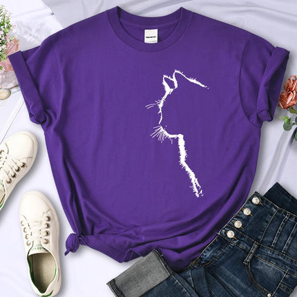 Simple Strokes Of Cat Funny Printed Women T-Shirt Fashion Casual Short Sleeve O-Neck Personality Street Tee Clothing Summer Tops