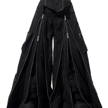 Mauroicardi Spring Autumn Cool Black Baggy Wide Leg Techwear Pants for Mens with Many Zippers Luxury Designer Clothes Streetwear