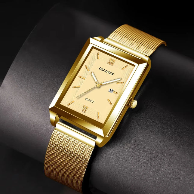 Luxury Men's Golden-Tone Business Watch,Rectangular Dial Quartz Movement, Mesh Band Analog Display Durable & Stylish Timepiece