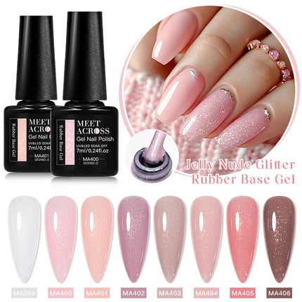 MEET ACROSS 7ml Jelly Nude Shimmer Rubber Base Gel Glitter Pink Purple UV/LED Nail Art Vernis Gel Polish for Manicure Nails DIY
