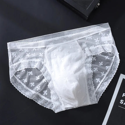 Men's Sexy Sheer Mesh Lace Briefs Cross Jacquard Embossed 3D Pouch Ice Cool Ultra Thin Low Rise Male Underwear