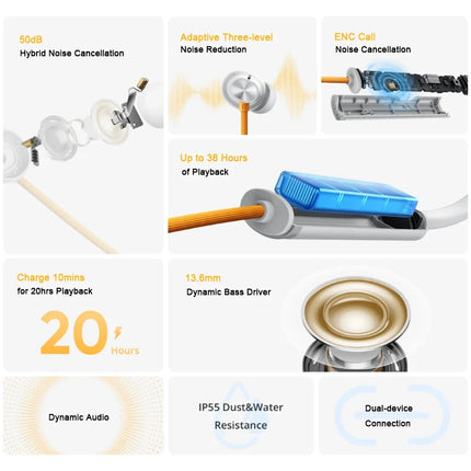 New realme Buds Wireless 5 ANC 13.6mm Dynamic Bass Driver Bluetooth 5.4 50dB Hybrid Noise Cancellation Wireless Earphone