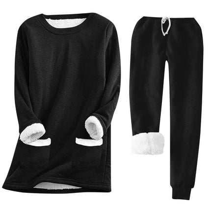 Women Winter Thicken Pajama Sets Fleece Warm Lined Long Sleeve Sweatshirt Sweater With Pant Suits 2pcs Bottoming Thermal Sets