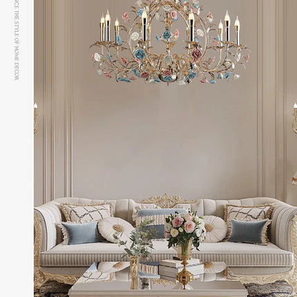 European Floral Design Chandelier Modern Rose Decorative Chandelier Lighting Nordic Living Room Ceramic Flower Chandelier