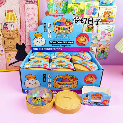 Rainbow Dumpling Squishy with Bead Sensory Squeeze Toy for Stress Relief with Bamboo Steamer Funny Gift