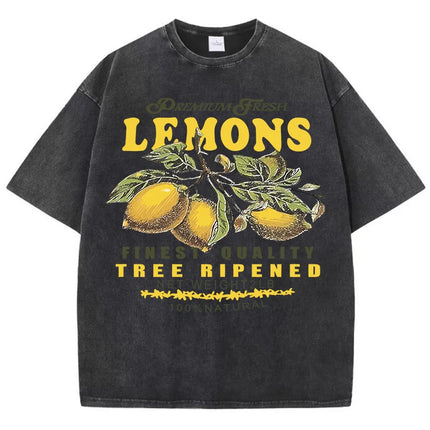 Premium Fresh Lemons Fruit Print Women Washed T-Shirts Y2K Comfortable Short Sleeve Loose All-Match T-Shirt Cotton Hip Hop Top