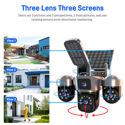 V380 8K 15MP WiFi Solar Camera With Solar Lighting 3-Screen Security Protection Wireless WiFi Solar Outdoor Surveillance