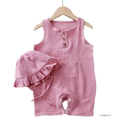 2Pcs/Set Baby Summer Clothing Solid Newborn Infant Romper With Hat Muslin Cotton Sleeveless Baby Boys Girls Jumpsuit Outfits