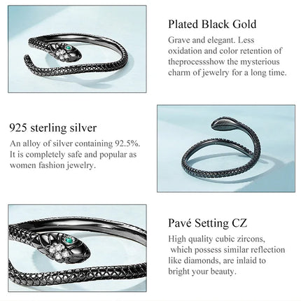 BAMOER 925 Sterling Silver Retro Textures Snake Adjustable Ring, 18K Gold Green Zircon Animal Ring Stackable Jewelry 4 Colors