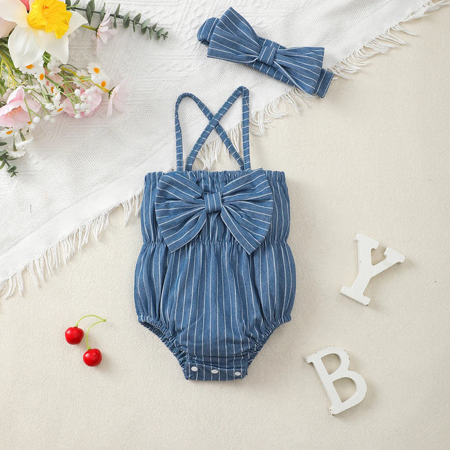 Newborn Baby Girl Jumpsuit Blue Suspender Bow Stripe Summer Jumpsuit 0-18 Months Baby Girl Romper Baby Clothes