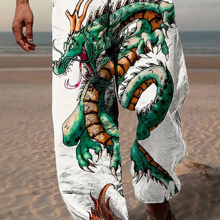 Spring Summer New Men's Cool Touch Trousers Dragon Print Stretch Breathable Trousers Hawaii Beach Drawstring Trousers