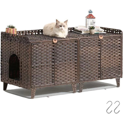 Cat Litter Box Enclosure Furniture, Handwoven Rattan Cat Bed Houses, Hidden Cat Washroom Furniture with Door/Mat