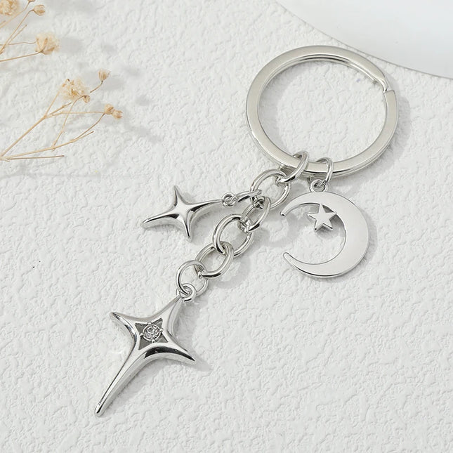 Y2K Keychains Star Moon Metal Key Rings For Women Men Friendship Gift Handbag Decoration Handmade Jewelry