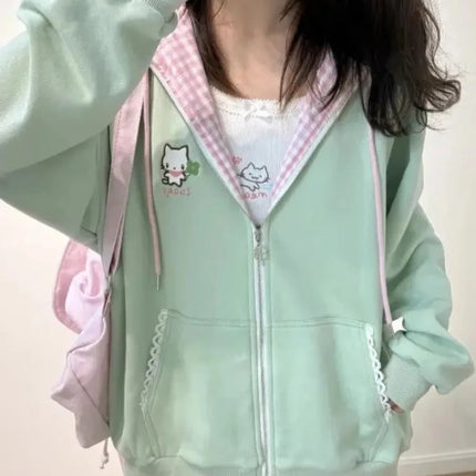 Y2k Kawaii Japanese Cartoon Long Sleeve Zipper Hooded Sweatshirts Subculture Loose Casual Hoodies Women Tops 2000s Vintage Chic