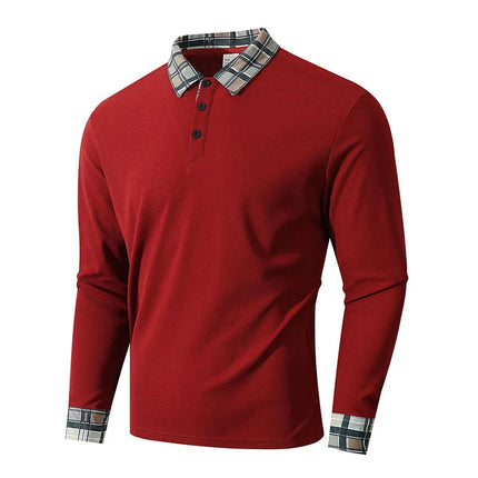 Men Waffle Knit Long Sleeve Polo Shirt Plaid Collar Breathable Daily Business Office Travel Holiday Walking Casual Tops