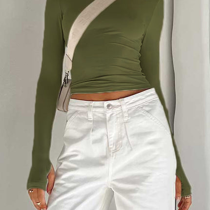 Basic Crewneck Casual Crop Tops for Women Y2K Solid Skinny Long Sleeve Slim Fit Stretchy Cropped Tees T-Shirts with Thumb Holes