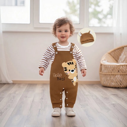 Pudcoco Baby Boy's Clothing Sets Fashionable Long Sleeve Striped Romper with Tiger Embroidered Overalls and Hat 3Pcs Outfits