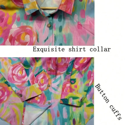 Plus Size 2025 New Women's Crushed Flower Printed Button Casual Shirt Trendy Fashion Polyester Best Choice for Spring and Summer