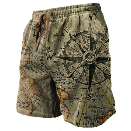 Men's Beach Shorts Compass Pattern 3D Retro Printed Shorts Men's Summer Breathable Drawstring Shorts Fitness Street Shorts