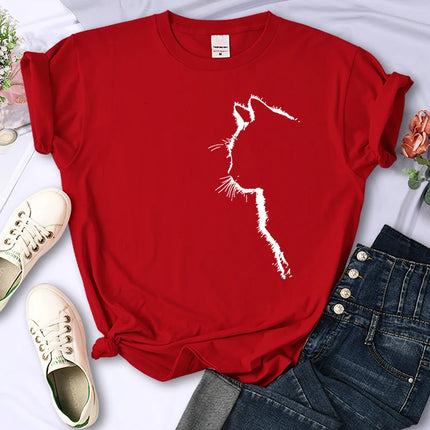 Simple Strokes Of Cat Funny Printed Women T-Shirt Fashion Casual Short Sleeve O-Neck Personality Street Tee Clothing Summer Tops