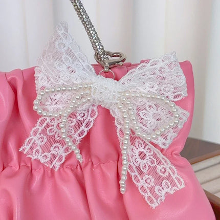 Korean Cute Lace Bow Pearl Beaded Phone Pendant Chain Accessories Aesthetic Ballet Shoes Camera Bag Decoration Keychain Gift