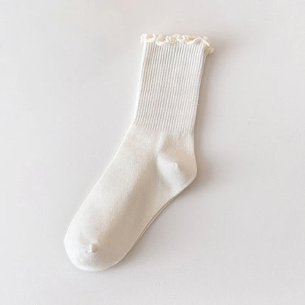 Cotton Socks for Women Girls Ruffle Top Solid Color Spring Autumn Breathable Soft Mid-calf Sock 1 Pair or 2 Pairs