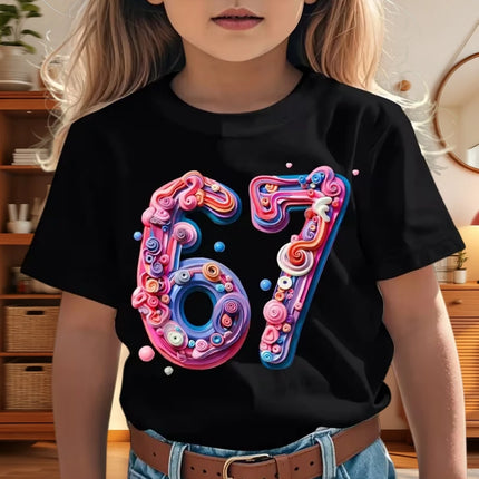 67 Meme T-Shirt for Boys Girls Fashion Splashed Ink 3D Print Girl Short Sleeve Tees Round Neck Tops Loose Children's Clothing