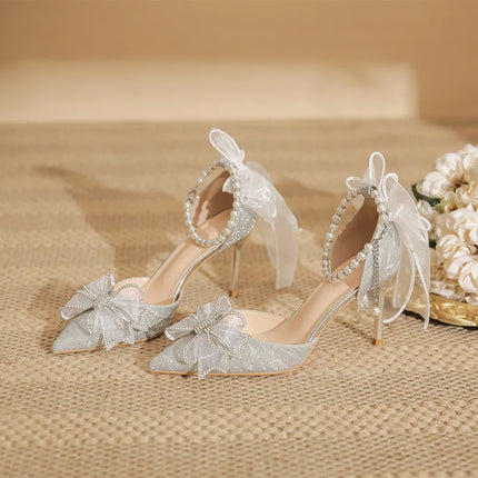 Spring Pointed Toe Party Wedding Shoes for Women, Bride Bow Thick Heel Silver Sequin Fairy Lolita Style Single Shoes
