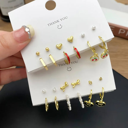 6pcs Set Korea Trend Oil-dripping Heart-shaped Butterfly Imitation Pearl Hoop Earrings Stud Earrings for Women Cute Jewelry Sets