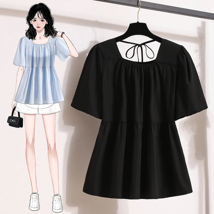 Plus Size Shirts & Blouses Women Summer 2025 New Arrival Korean Fashion Tops Short Puff Sleeve Loose Sweet Blouse Woman L-4XL