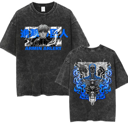 Anime Attack on Titan Vintage Washed Print T-shirt Mikasa Ackerman Eren Jaeger Wings of Freedom Logo Men's Summer Cotton T-shirts