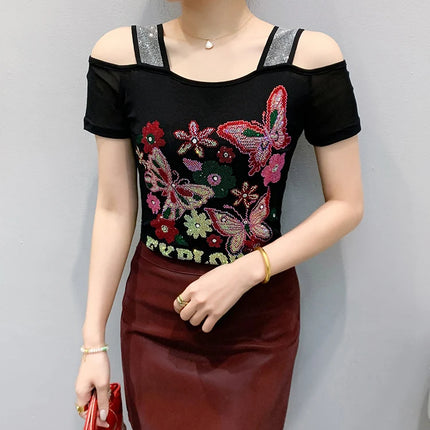 Summer Streetwear Fashion Women's T-shirt Luxury Design Butterfly Hot Diamonds Tee Sexy Off Shoulder Girls Tops European Clothes