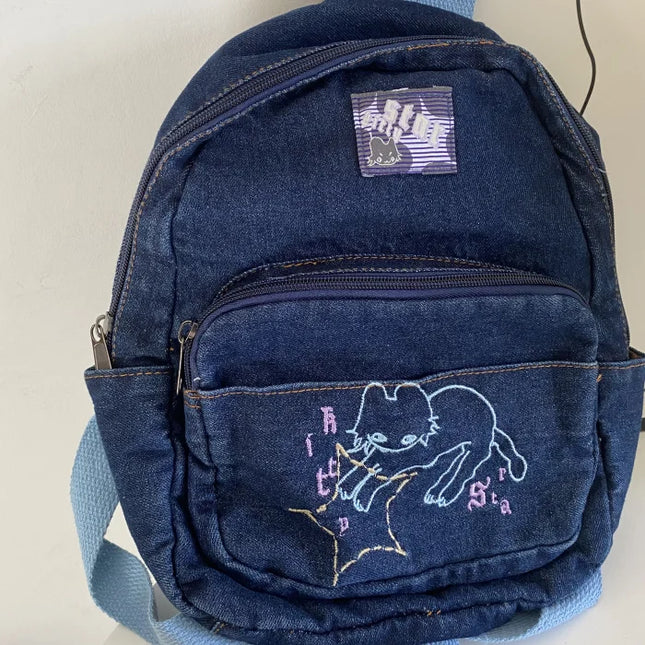 Japanese Simple Kawaii Cat Backpack Denim Handbag Shoulder Bags Small Mini Student Schoolbag Cute Women Backpack Woman Bags