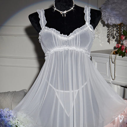 Women Erotic Lingerie Nightgown Summer 2024 Mesh See Through Suspender Nightdress White Lace Split Sexy Babydoll Set With Thong
