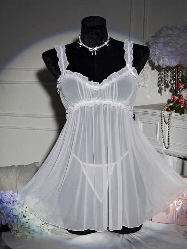 Women Erotic Lingerie Nightgown Summer 2024 Mesh See Through Suspender Nightdress White Lace Split Sexy Babydoll Set With Thong