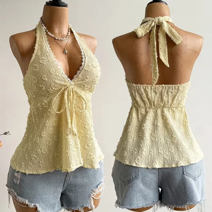 Women's Summer V-neck Lace Up Exposed Neck and Backless Casual Vacation Top - Boho Easter Beach Clothing Hawaii Coachella Music Festival