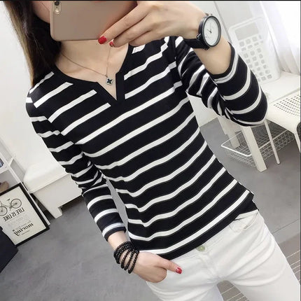 Autumn Slimming Striped V-neck Long Sleeve T-shirt Women's Top Trendy Base Layer Shirt For Students