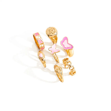 Colorful Enamel Butterfly Kunckle Rings Set For Women Geometric Heart Dollar Sign Finger Ring Girls Summer Fashion Jewelry