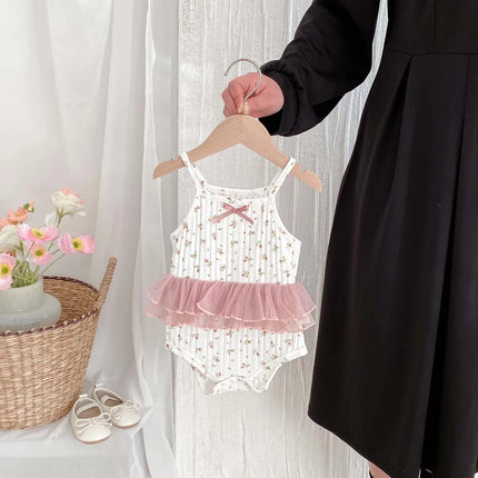 INS Summer Baby Girl Floral Lace Stitching Lace Bow Sling Triangle Jumpsuit for Toddlers and Baby Girls Summer Outdoor Wear