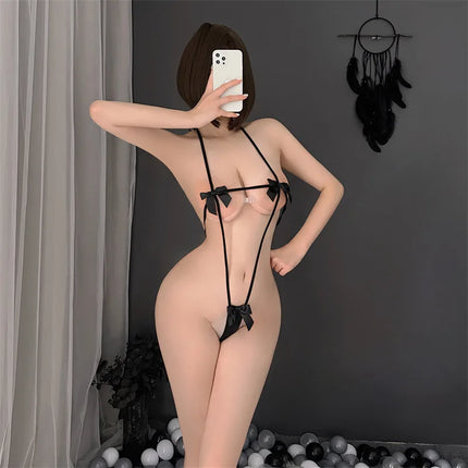 NEW Lolita Kawaii Bikini Sexy Striped Straps Lingerie Adult Cosplay Black Bow Mini Bikini Erotic Costumes Underwear Set