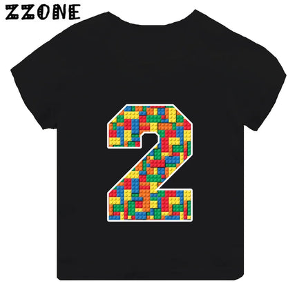 Building Blocks Bricks Number Bow Print Cartoon Boys Clothes 1 2 3 4 5 6 7 8 9 Years Birthday Kids T-shirt Baby Girls T-Shirts