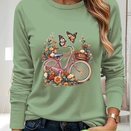 Women's Casual Long Sleeve T-Shirt Black Bicycle & Butterfly Floral Print 100% Cotton Round Neck Top for Spring/Summer
