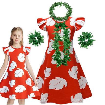 Disney Anime Lilo&Stitch Cartoon Dress for Girls Summer Hawaiian Red Leaf Print Kids Cosplay Knee Length Flying Sleeves Dresses