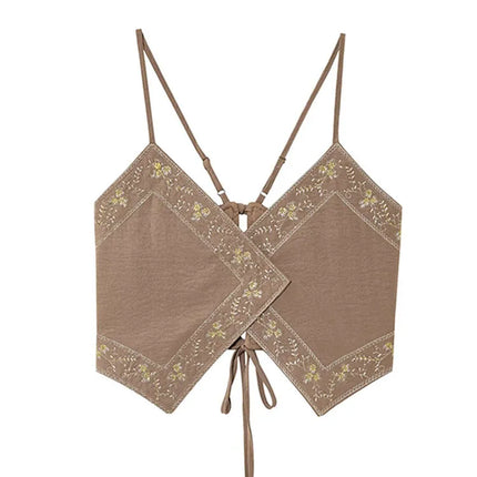 HH Women's Summer Sexy Sling Tops Light Brown V-Neck Sleeveless Embroidery Lace-Up Decoration Fashion Short Tops
