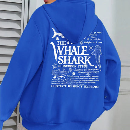 Creative Whale Shark With Letters Print Woman'S Streetwear Soft Trendy Hoodies Solid Color Warm Clothes Loose Hip Hop Hoody
