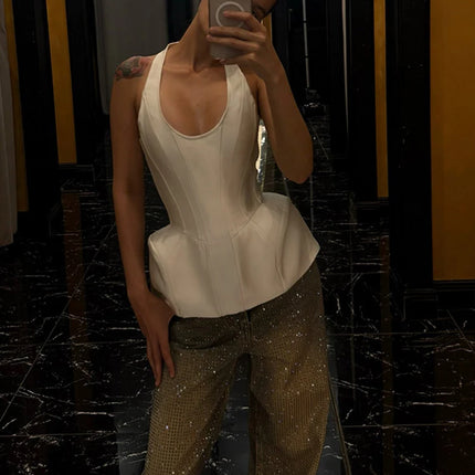 Retro Sleeveless Corset Halter Vest Women Casual Off-shoulder U-neck Waist Cinching Slim Short Top 2026 Lady High Street Tops