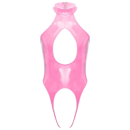 Mens Lingerie Latex Catsuit Wetlook Patent Leather Bodysuit One-piece Tempting Cut Out Crotchless Leotard Bodysuit Underwear