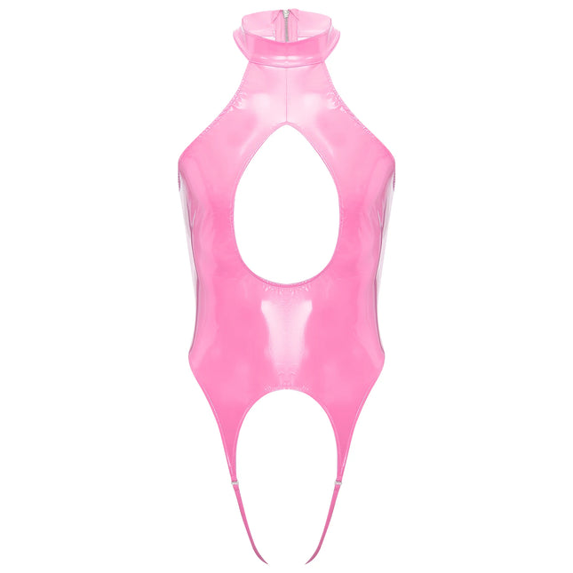 Mens Lingerie Latex Catsuit Wetlook Patent Leather Bodysuit One-piece Tempting Cut Out Crotchless Leotard Bodysuit Underwear