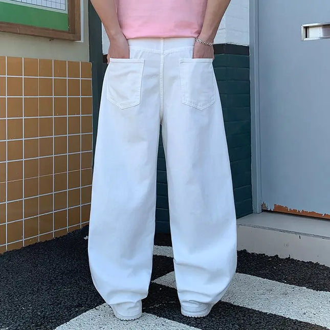 2026 Trendy Brand White Ripped Wide-Leg Jeans for Men Loose Straight-Leg Casual Cool Style